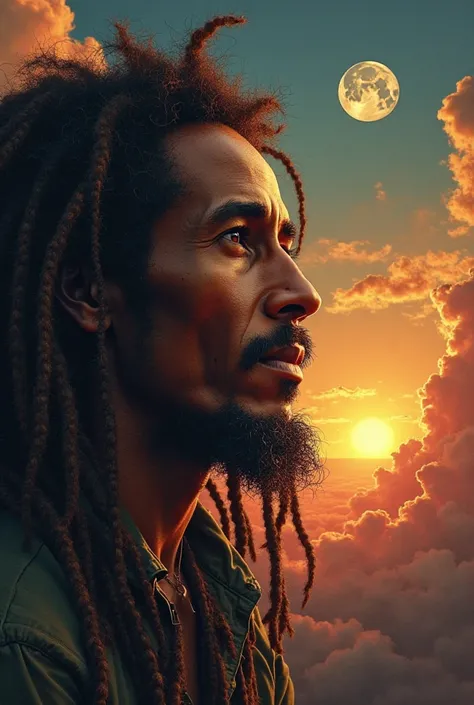 Image with Bob Marley written be humble because even the Sun in all its greatness sets and lets the Moon shine