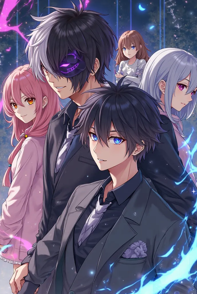 2 anime boys and 3 anime girls. One of the boys should have black and white hair, purple glowing eyes and wearing a mask.