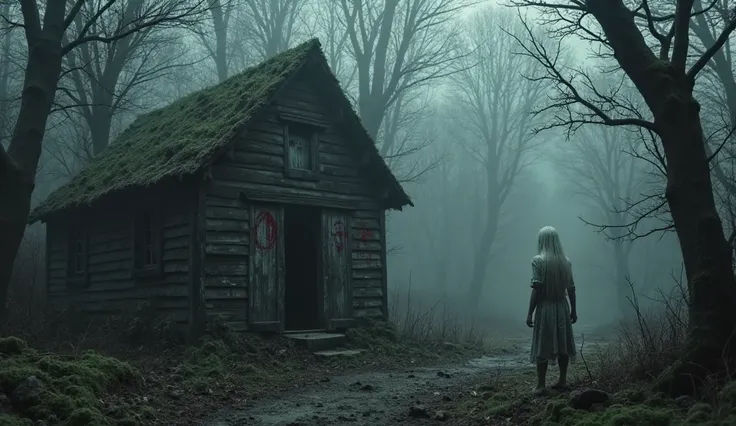 "Create an impressive 4K image (3840x2160) for a horror-story, from which the blood ripens in the veins. Imagine an abandoned village, lost in time, where thick, gray mist envelops the curves, are rotten huts, and the sky is black, as if buried under an et...