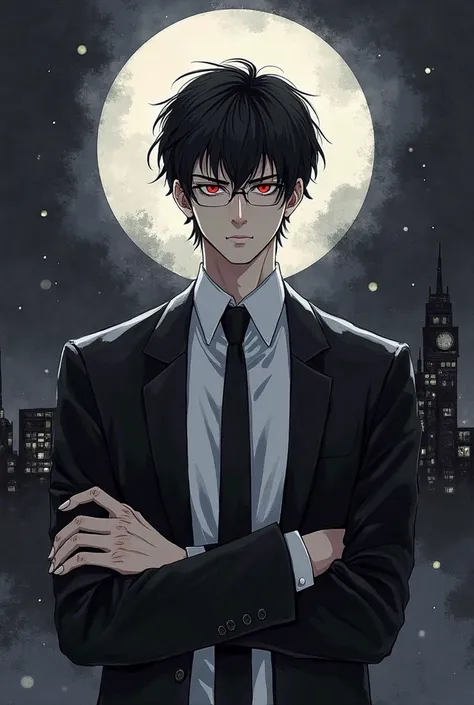 Solo, handsome, monotone, watercolor, 1. Man, black hair, bare bangs, red eyes, white shirt, black tie, black jacket, dark city background, soft moonlight, upper body, arms crossed, broad shoulders, slender face, high nose bridge, blunt expression