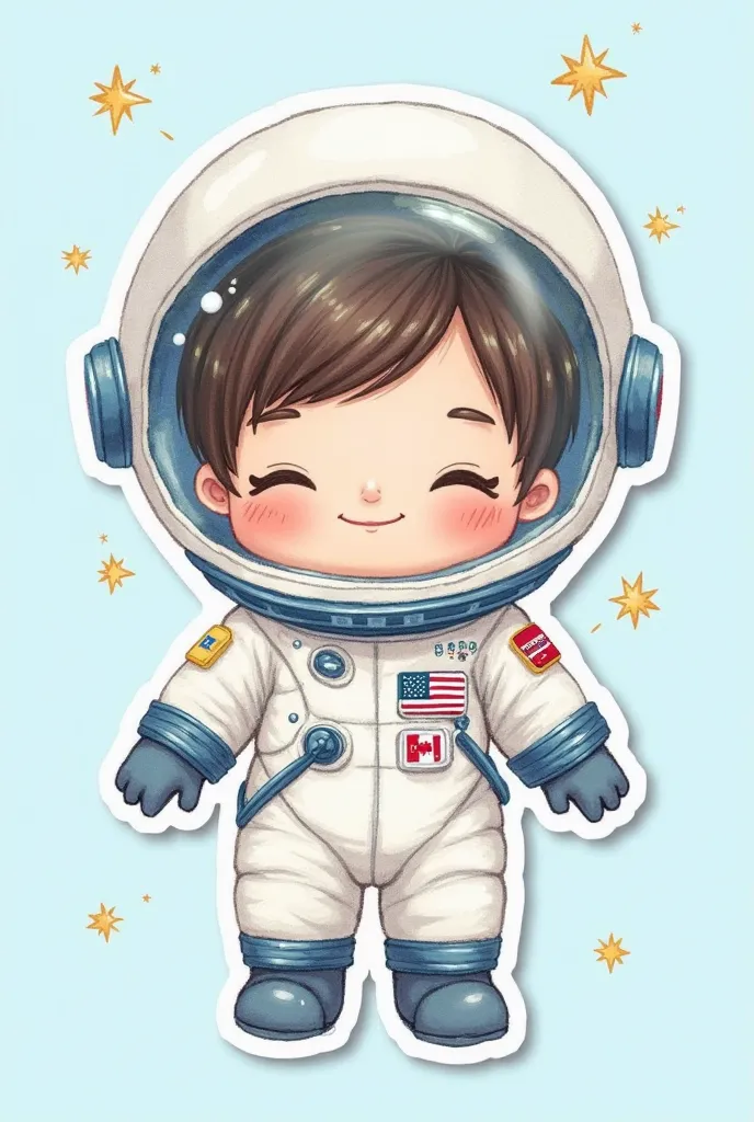 
Create a die-cut sticker, digital drawing with a sharp 3 mm white border around, contrasting with a soft pastel background (sky blue). A (((super cute)))  , fair skin, dark brown hair, wearing a white astronaut costume with subtle details in dark blue and...