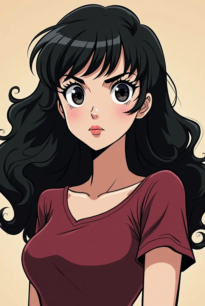 Panel comic one piece,chica, wavy black hair with volume, small thin and round black eyes, thick arched eyebrows ,  Serious Look T-Shirt, broad nose,lips thin upper part and thick lower part, wine red t-shirt, very small breasts. VERY LARGE AND WIDE NOSE, ...