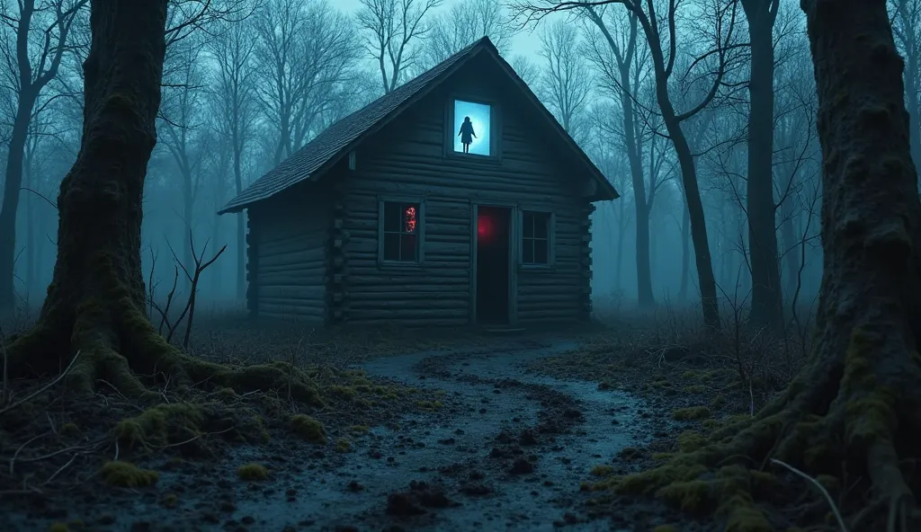 Create a 4K ultra-realistic horror photograph for a YouTube thumbnail. A decrepit, weathered wooden cabin at the edge of a misty forest at night. The cabin has one window emitting an unnatural pale blue light, with a shadowy silhouette of a small girl visi...