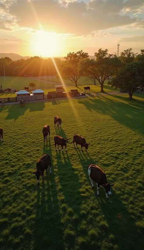 Aerial view captured by a drone in the late afternoon over a pasture near the corral of a farm in the interior of São Paulo, high diagonal angle, slowly descending, herd of cows grazing on green grass, warm lighting from the low sun, sky with orange and go...