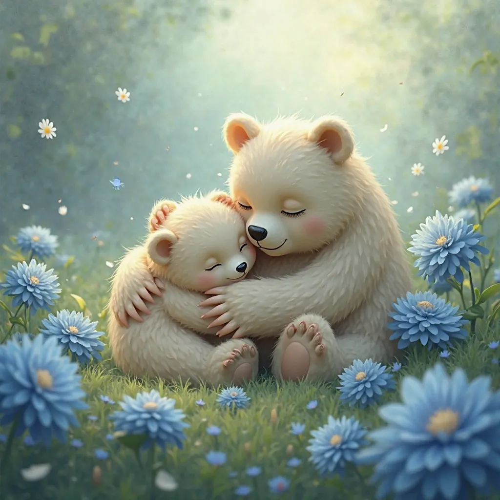 Create an image with the name genesis that is surrounded by blue flowers with a baby bear hugging each other 