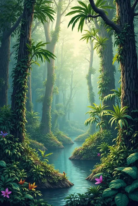 Generate an image of a rainforest on Ilha Sereno Mar,  with tall, dense trees , large leaves and varied vegetation. The scene should include a small river or lake surrounded by aquatic plants, in addition to animals such as colorful birds, butterflies and ...