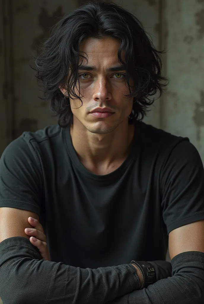 white boy, high, wavy black hair, short hair,  look tired, dark brown eyes, older looking black t-shirt with sleeves and gloves