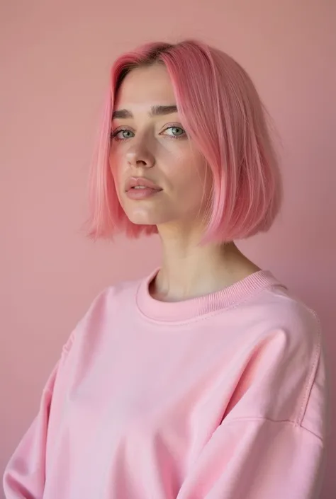 arafed woman with pink hair and a pink sweatshirt posing for a picture, pastel inspired by Louise Mathiasdottir, tamper, aesthetics , cute girl with short pink hair, short pink hair, pink short hair, with pink hair, pink girl, pink straight hair, faded pin...