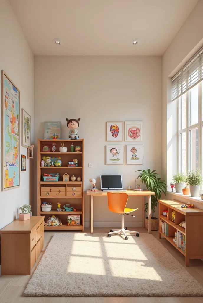 A Speech and Language Therapist's room. The room should be spacious. There should be an interview table in the room, the speech and language therapist's computer, evaluation material, a model of the mouth. One wall should be a toy cupboard with various boa...