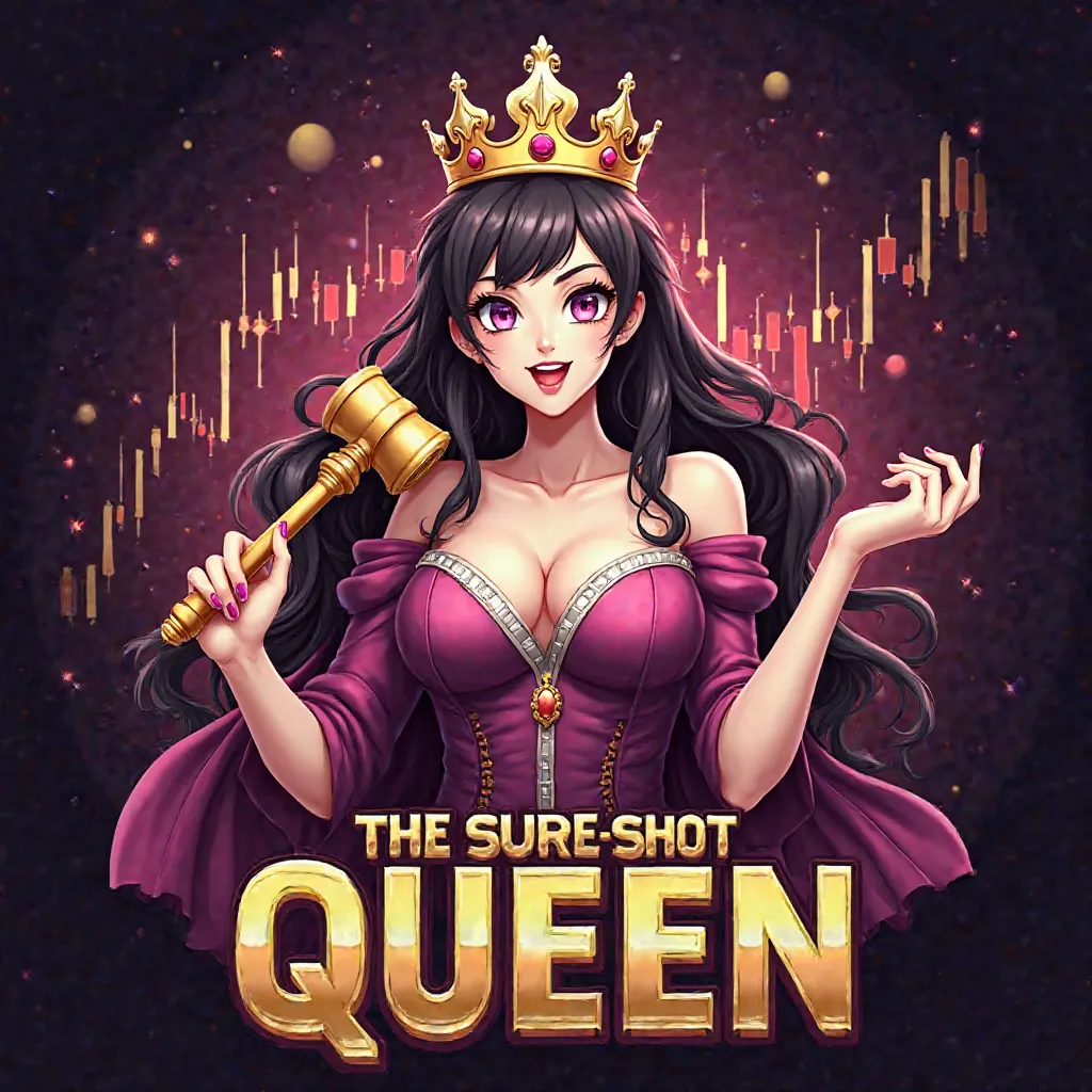 "Design a luxurious and bold logo for 'The Sure Shot Queen', featuring a powerful anime-style queen who is actively engaged in binary trading. The queen should wear a stylish crown and hold a trading-related symbol like a gavel, chart, or digital device to...