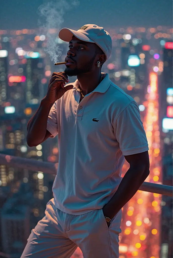 Make a male funk artist with brown skin and white Lacoste clothing kit wearing a white cap and smoking marijuana on top of a tall building with a view of a city illuminated all night long 