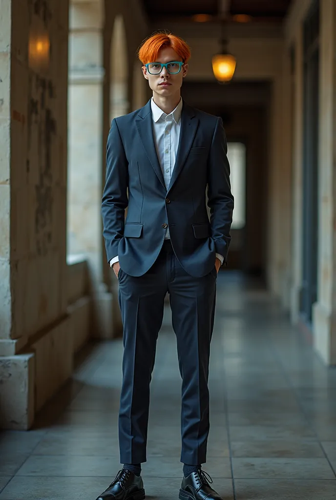 a close-up of a tall leaned guy with orange straight hair, turquoise glasses and dark blue suit with black Oxford shoes with white laces