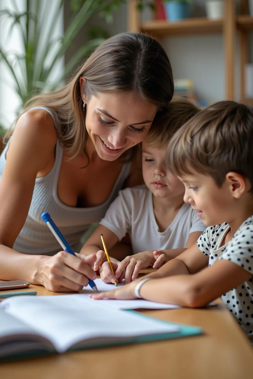 Female teacher bending over and teaching her kndergarten boys how to write, (small breasts), other students grabbing her breasts, slim body, warm light, happy, teacher wearing low cut top, half boob slip