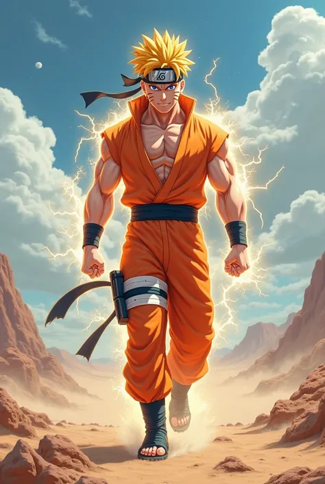 A muscular naruto the ninja with orange, spiky hair, glowing with a divine energy aura, walking confidently through a barren desert landscape. His orange martial arts uniform is torn, and his intense gaze exudes power and determination. Lightning crackles ...