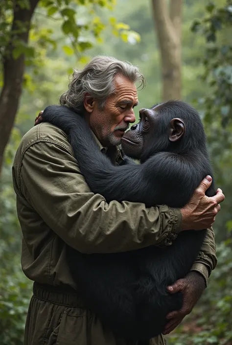 A man hugging a female ape 