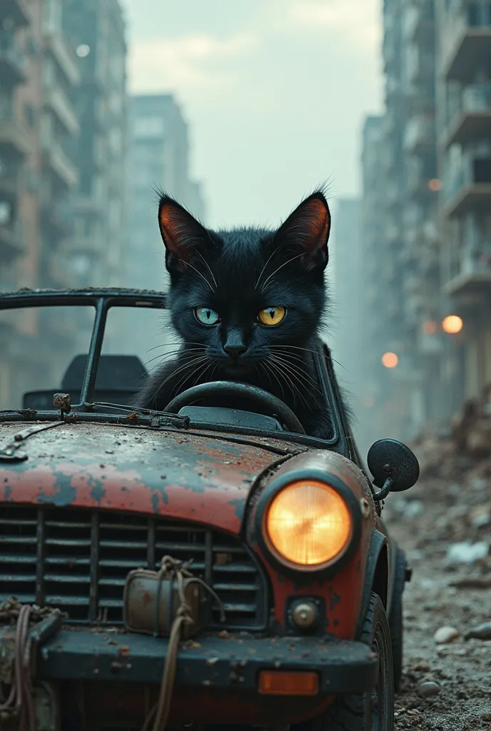 A black kitten missing her right eye draving a car