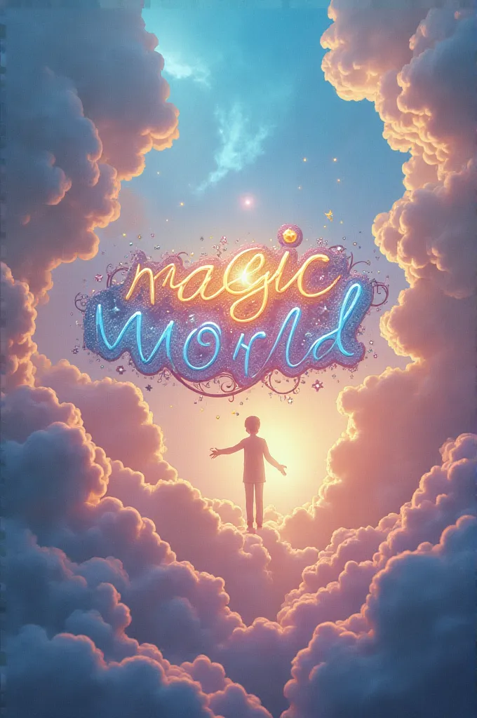 A colorful photo written “magic world” 
In a cloud 