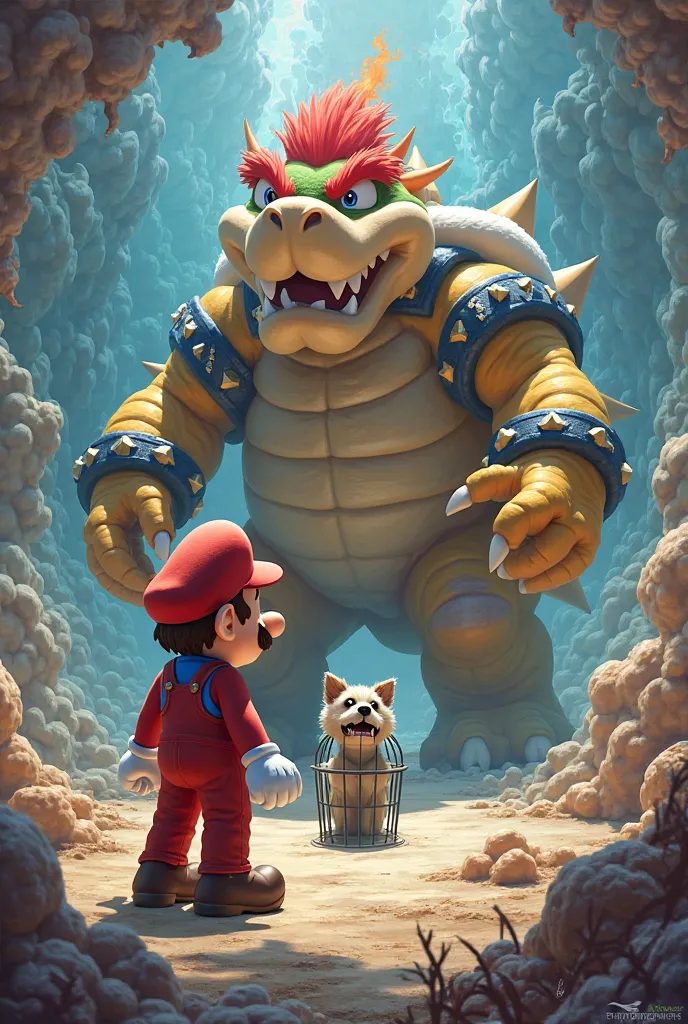 Create Mario from the video game in front of Bowser who guarded a caged dog in different shapes in each image