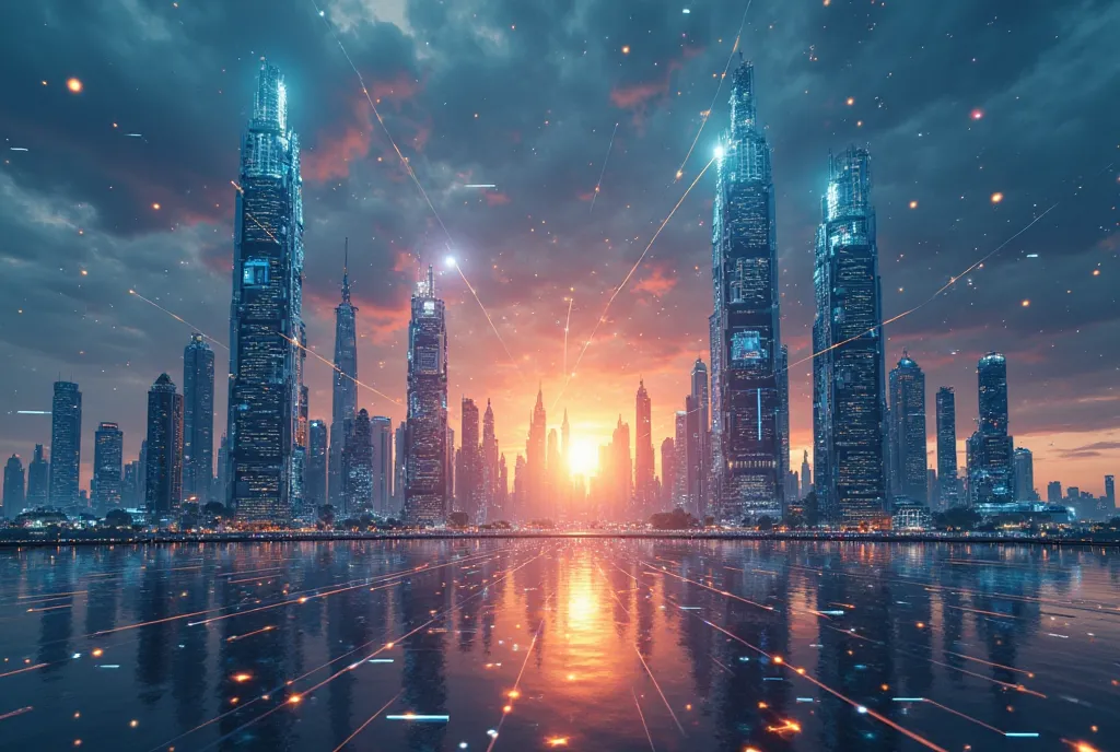 futuristic cityscape, towering skyscrapers, digital network overlay, sunset glow, reflective water surface, high-tech architectural design, blue and orange color scheme, geometric shapes, abstract connection lines, cyberpunk aesthetics, hyper-modern metrop...