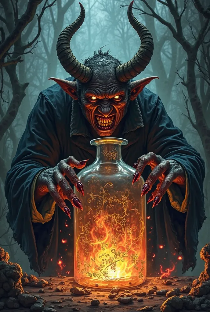 Illustration of devil in the bottle fulfills wishes but is evil