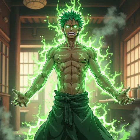 Create a medium close-up anime-style image of Zoro from 'One Piece' speaking and gesturing passionately. His body is intensely charged with vibrant, crackling green electric currents, flowing across his skin and making his eyes glow brightly with the same ...