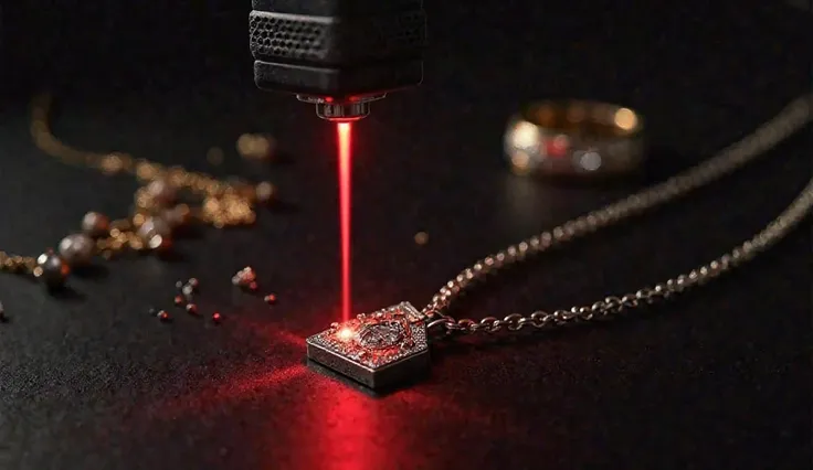 A laser engraving that shoots a red laser at 45° on a necklace with a rectangular silver jewel, the environment is black and the design is minimal. In the background other gold and silver jewels that levitate, Like bracelets, rings and diamonds 