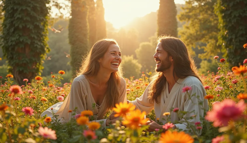 "A woman joyfully playing with Jesus in a lush, vibrant garden filled with colorful flowers and tall, green trees. The sun shines brightly, casting a warm, golden light over the scene. The woman is laughing with joy, her face filled with peace and love, as...