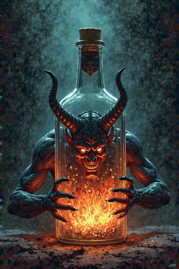 Illustration of devil in the bottle fulfills wishes but is evil