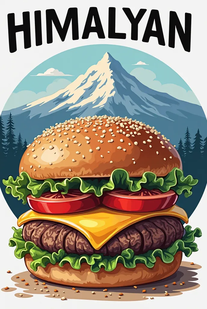 Create a logo of a hamburger business with the name Himalayan Burger. The hamburger will have bread, a Smash type meat, tomato, lettuce, cookin and cheddar cheese.. The background of the image with the name must be in relation to the Himalayan mountain ran...