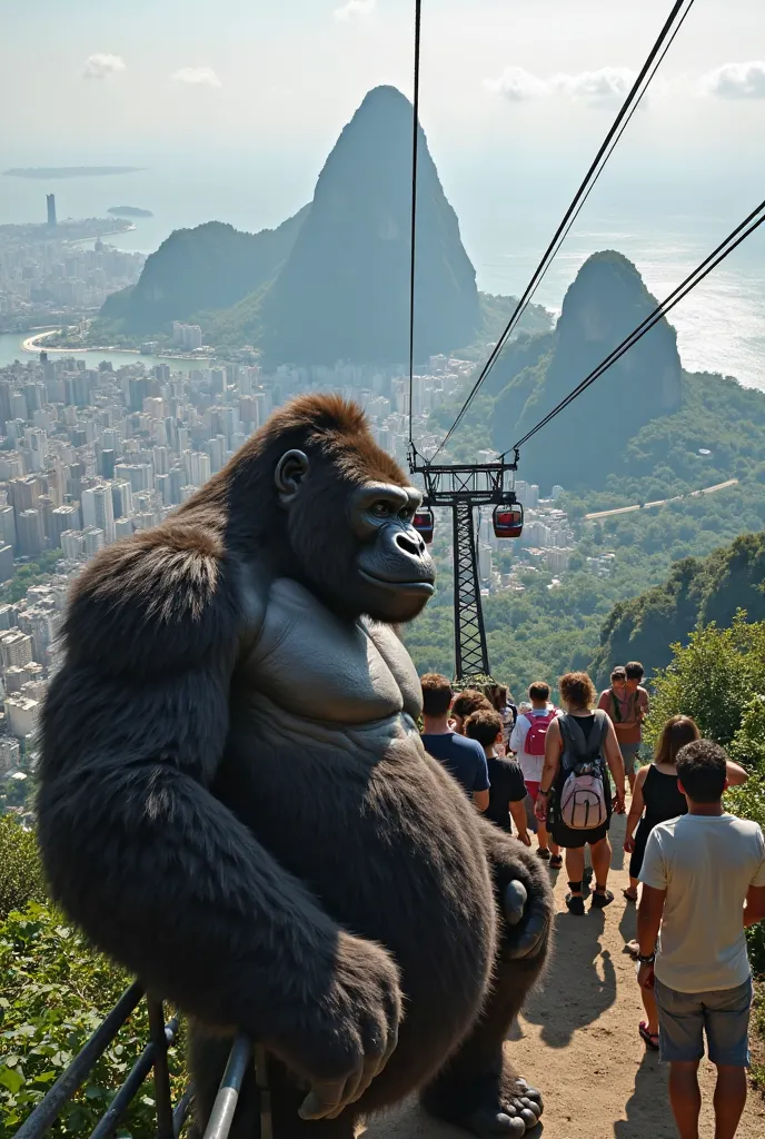 King Kong takes a cable car and goes up to Sugarloaf Mountain. From the top , he admires the breathtaking view of the city, with Christ the Redeemer in the background. He takes a selfie with some tourists.