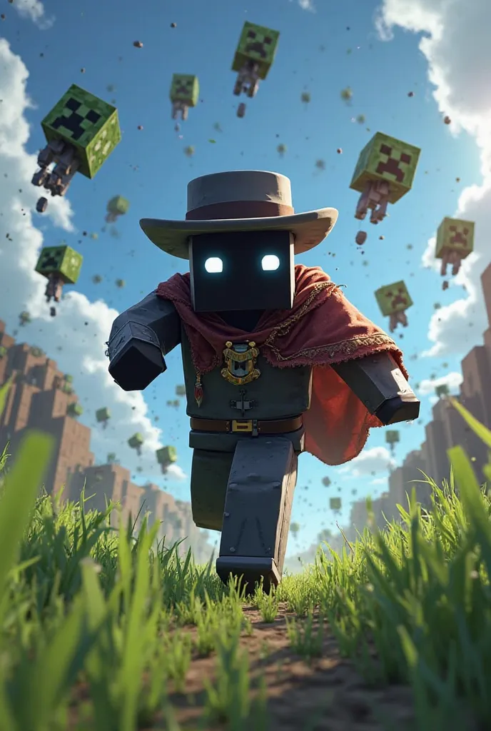 Create a semi-realistic Minecraft thumbnail featuring a dark cowboy character with no face, glowing white eyes, a dark gray hat, and a faded burgundy cape with golden details. The character is running desperately through a grassy Minecraft field during day...