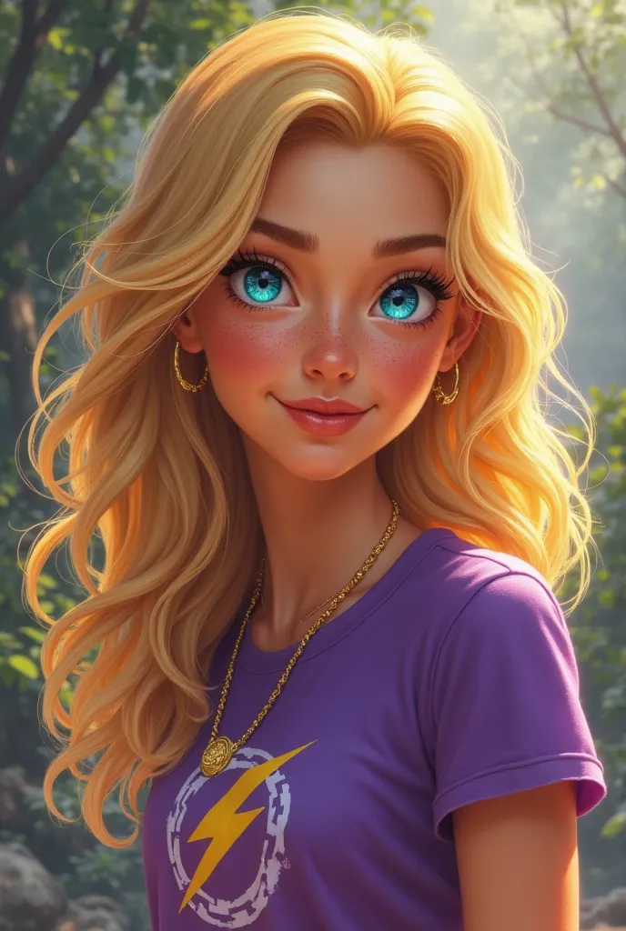 generame una imagen de summer grace.Summer Grace has sun-kissed golden skin, with subtle freckles scattered across her nose and cheeks. Her hair is long, thick, and naturally wavy, a honey-blonde shade with lighter highlights from the sun. Her eyes are an ...