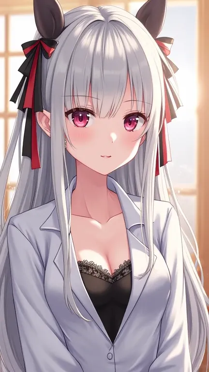 character with long, silver hair adorned with black and red ribbons. She has striking pink eyes and is wearing a white, partially unbuttoned shirt over a black lace top. The character is accessorized with long, dangling earrings. The background appears to ...