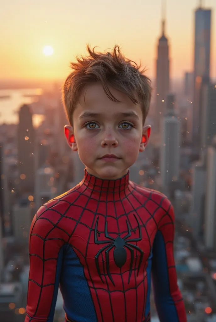 Half-human, half-Spiderman boy looking straight ahead against a background of the city at dusk