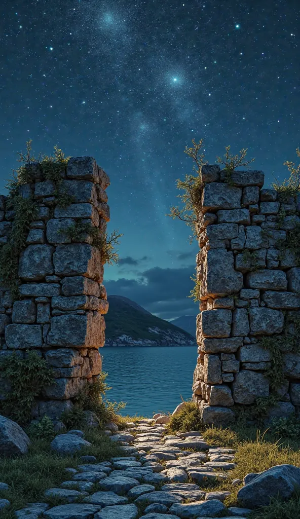 Crumbling stone wall under a starry sky.