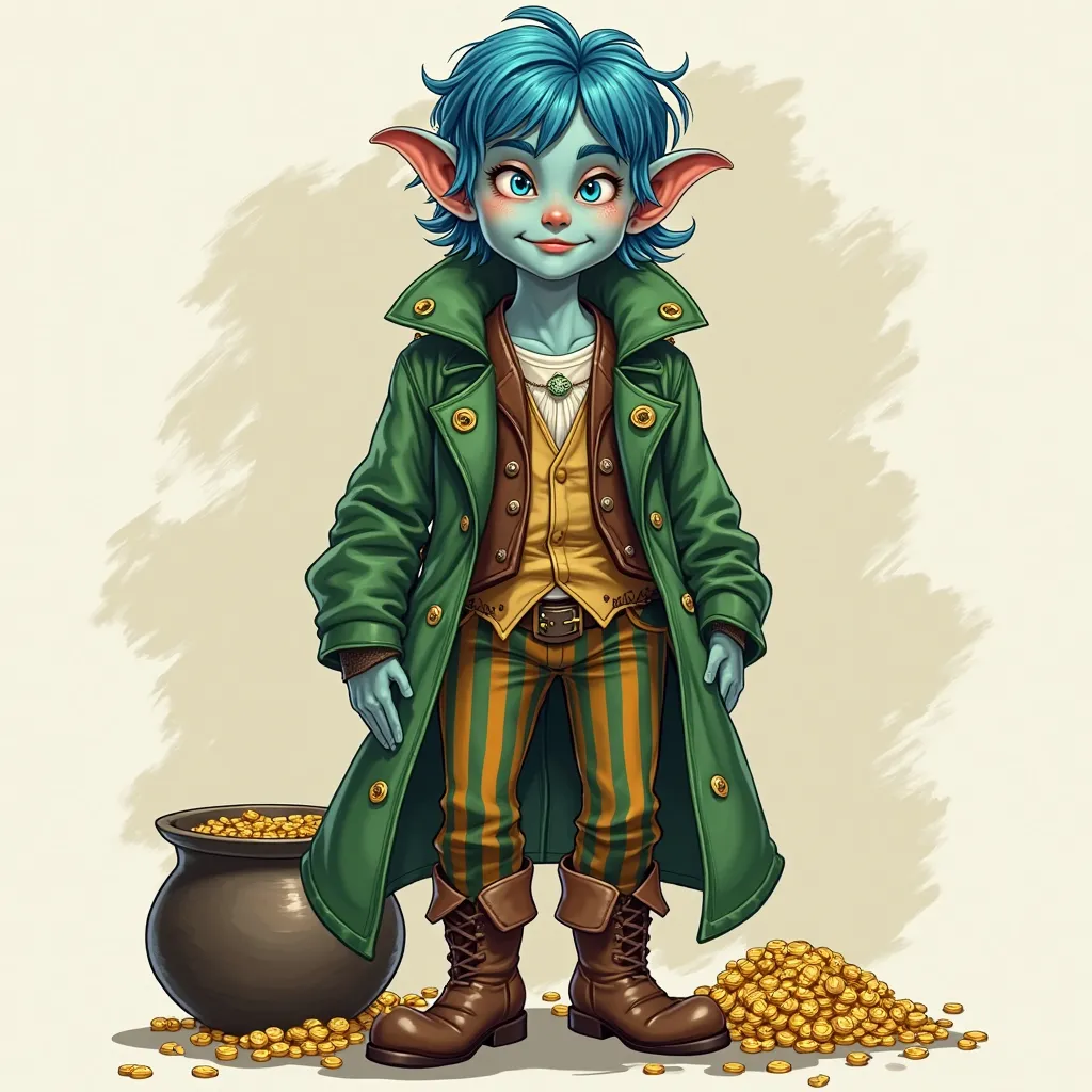 High detail digital illustration of a leperchaun wearing a green coat and a leather vest. He should be thin and wiry.  He should have a crooked smile and have a pot of gold in the background. Pointy Ears,Blue Hair, Medium Hair, Smile, Solid Blue eyes, Grin...