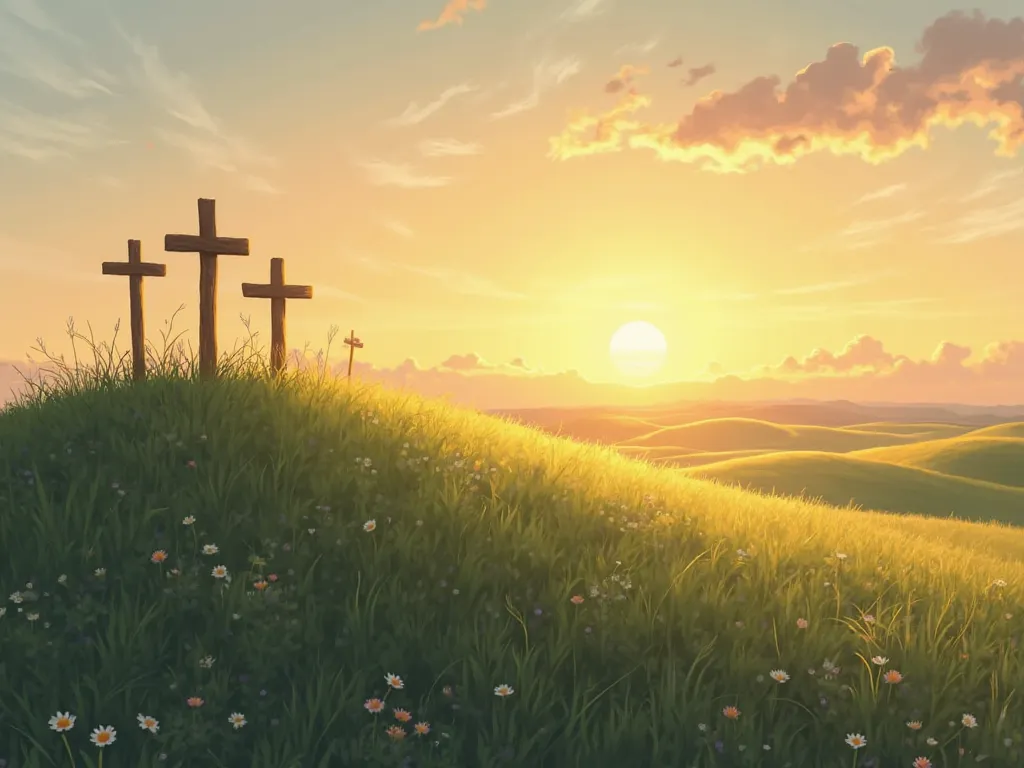 Land field, A hill with 3 crosses and a setting sun in the background