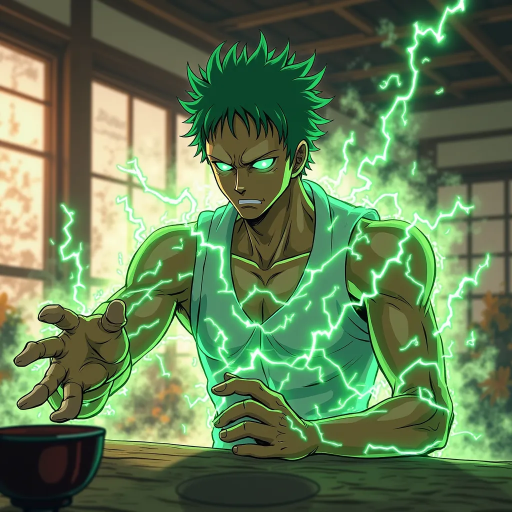 Create a medium close-up anime-style image of Zoro from 'One Piece' speaking and gesturing calmly, but his body is fully charged with intense, crackling green electric currents, as if he is in a 'FULL CHARGE' state. The electric energy radiates powerfully ...