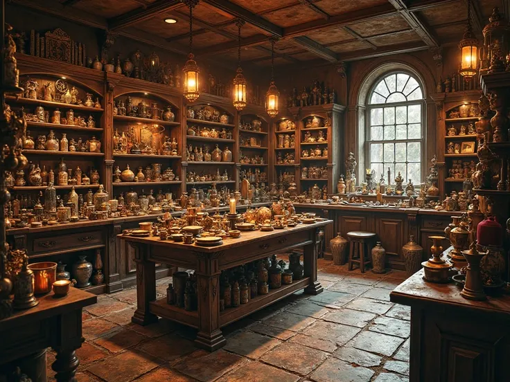 "A cozy and mysterious magic shop interior. The shop is filled with wooden shelves and antique furniture, displaying various magical items. The warm lighting creates a welcoming atmosphere, with soft candlelight and lanterns hanging from the ceiling. The s...