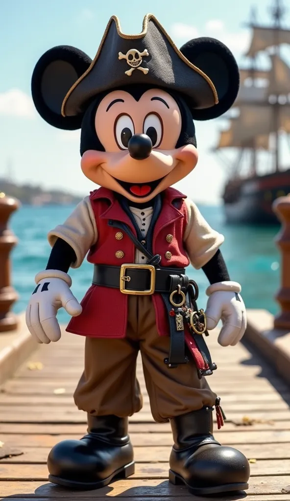 character: Mickey Mouse no seu estilo original.
clothing: Mickey wears a classic pirate costume: a hat with a skull, red vest, black belt around the waist and a boot on one of his feet.
baby: The realistic baby wears the same pirate costume, wearing a mini...