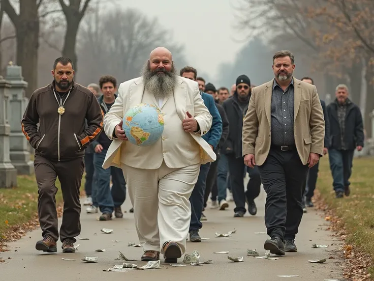 People are walking along the road: in the middle, a fat man with a beard in a white suit and a globe in his hands. On the right, a businessman is walking, money-dollars are falling out of his pockets. On the left, a man in a tracksuit with a large cross pe...