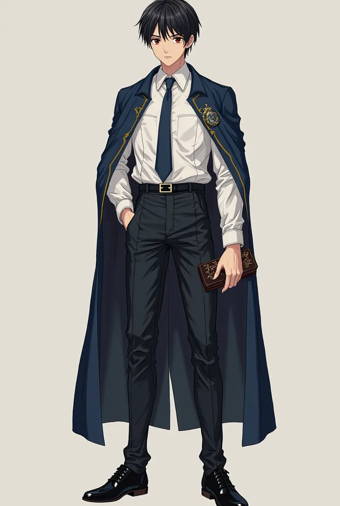 Play me an anime character in the Harry Potter universe, Being an adult male, with dark black hair, brown eyes,  Wearing a medieval outfit , with a white button-down shirt with a blue tie, with black dress pants, wearing a black full shoe, serious face, fu...