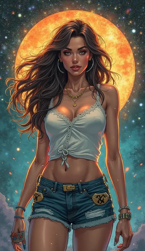 Create an image of an American person in comic book style. She is a Cancer sign with high and radiant energy. This person must represent intense emotions and a sensitive heart. The clothes are casual and tasteful with the symbol of the Cancer sign on the c...