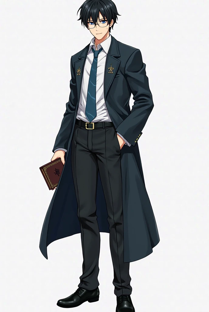 Play me an anime character in the Harry Potter universe, Being an adult male, with dark black hair, black eyes,  Wearing a medieval outfit , with a white button-down shirt with a blue tie, with black dress pants, wearing a black full shoe, serious face, fu...