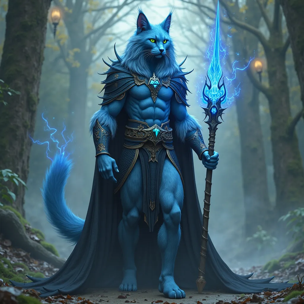 Hyper realistic photo image. Male Celestial Cat God. Full blue fur longhair cat-human male hybrid with v-shaped torso lanky very muscular body builder with narrow waist and well rounded buttocks and really long legs and long tail. 7’ tall. Feline head and ...