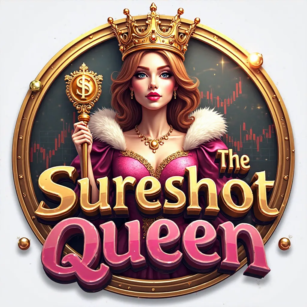 "A luxurious and powerful 3D logo featuring the text 'The Sureshot Queen.' The design includes a royal queen figure wearing an elegant golden and pink crown, holding a scepter with a dollar sign. The background has financial elements like stock market bar ...