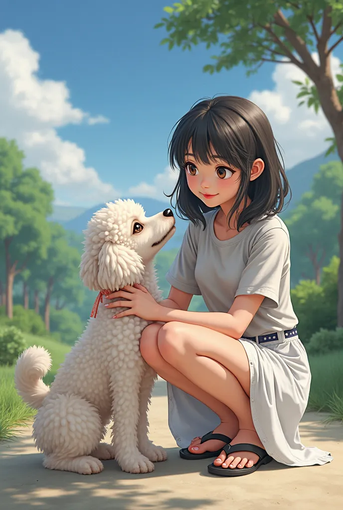 (top quality, masterpiece: 1.2), photorealistic, t-shirt、 midi skirt 、 sandals on the skin、Knee, squats 、Playing with a dog、smile、  Japanese Beauty ,poodle,I'm staring at the dog with kind eyes,is shown,{ slightly white shorts visible from under her skirt}