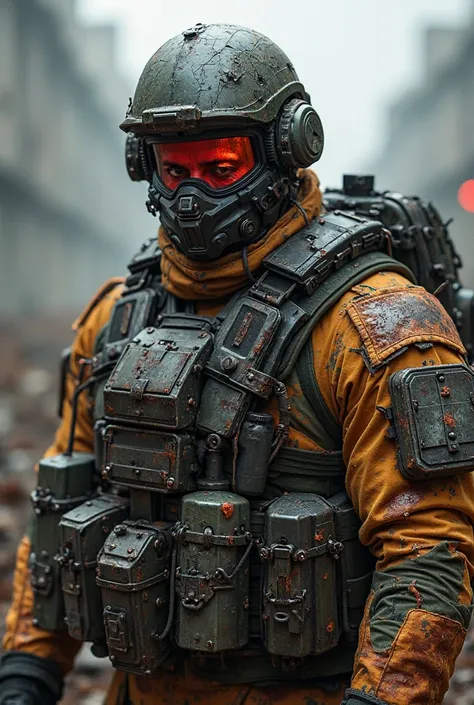 "A blood-soaked soldier, high on combat stimulants, clinging to life through sheer hatred. His cracked tactical visor hides hollow, bloodshot eyes — glowing faintly from chemical overdose. Beneath the shattered glass, his mouth twists into a sick grin — no...