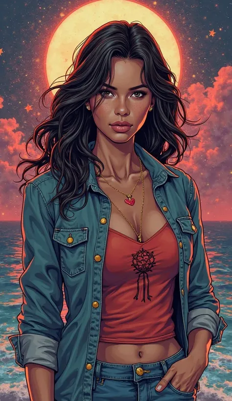 Create an image of an American person in comic book style. This person is a Cancer sign with high energy. This person has to represent intense emotions and a sensitive heart, But make it clear that you have to think twice before messing with her. Clothes c...