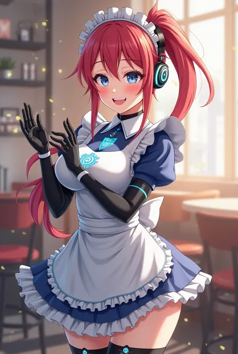 A maid cafe, a sexy anime female robot, scantily clad with gray white robot skin, curvy, robot shoulders, big blue eyes, medium breasts, ((pink cheek dots 1.3)), maid headdress, big smile, long red hair with a single side ponytail, light blush, wearing a s...